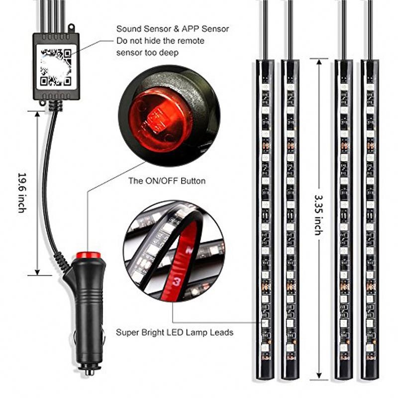 4pcs Auto LED RGB Interior Atmosphere Strip Light With USB Wireless Music Control Multiple Modes Decorative Lamp for the Car