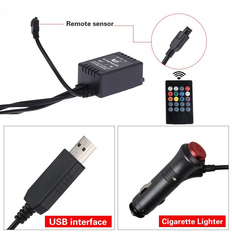 4pcs Auto LED RGB Interior Atmosphere Strip Light With USB Wireless Music Control Multiple Modes Decorative Lamp for the Car
