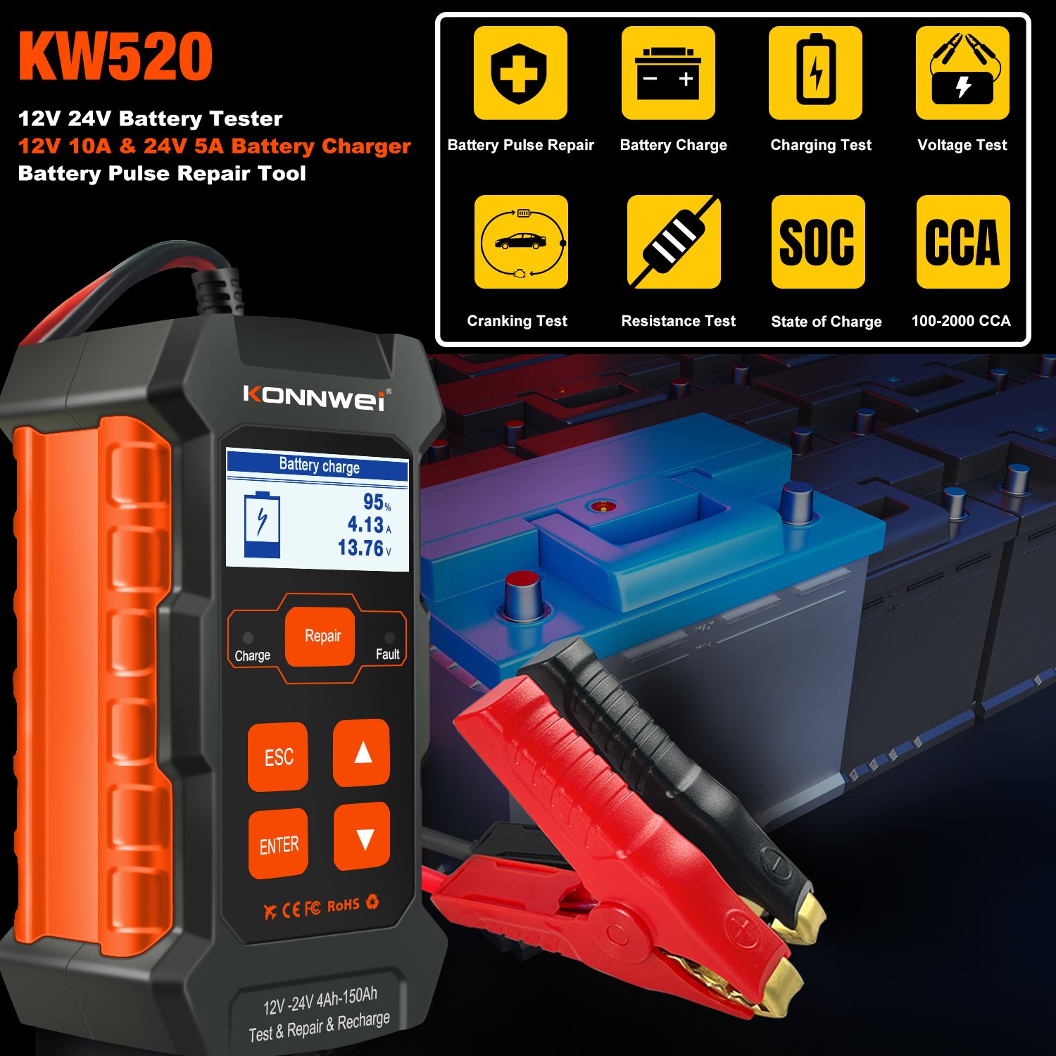 KONNWEI Digital Car Starter Alternator Battery Checker + 12V 24V Smart Battery Charger KW520