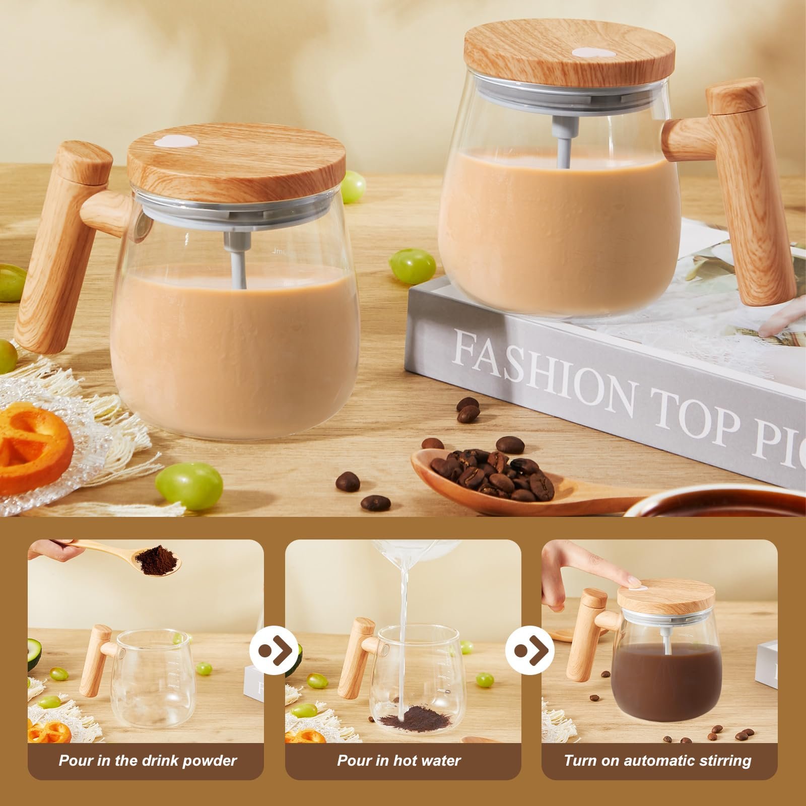 2024 Hot Sale 400ml Battery-Powered Automatic Rotating Stirring Glass Coffee Cup With Handle