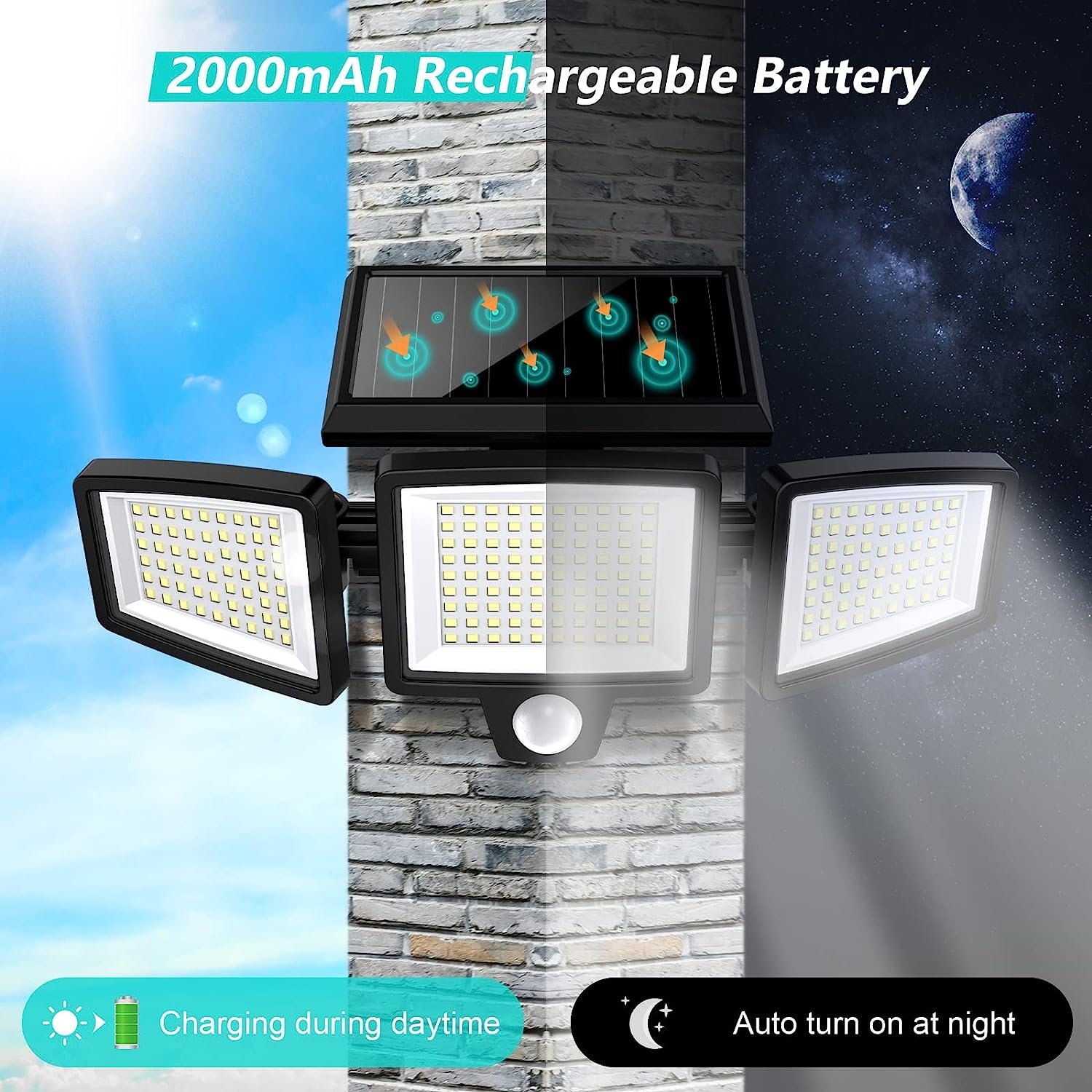 2024 Smart Solar Outdoor Lights 2500LM 210 LED Security Lights With Remote Control 3 Heads Motion Sensor Lights IP65 for Decor