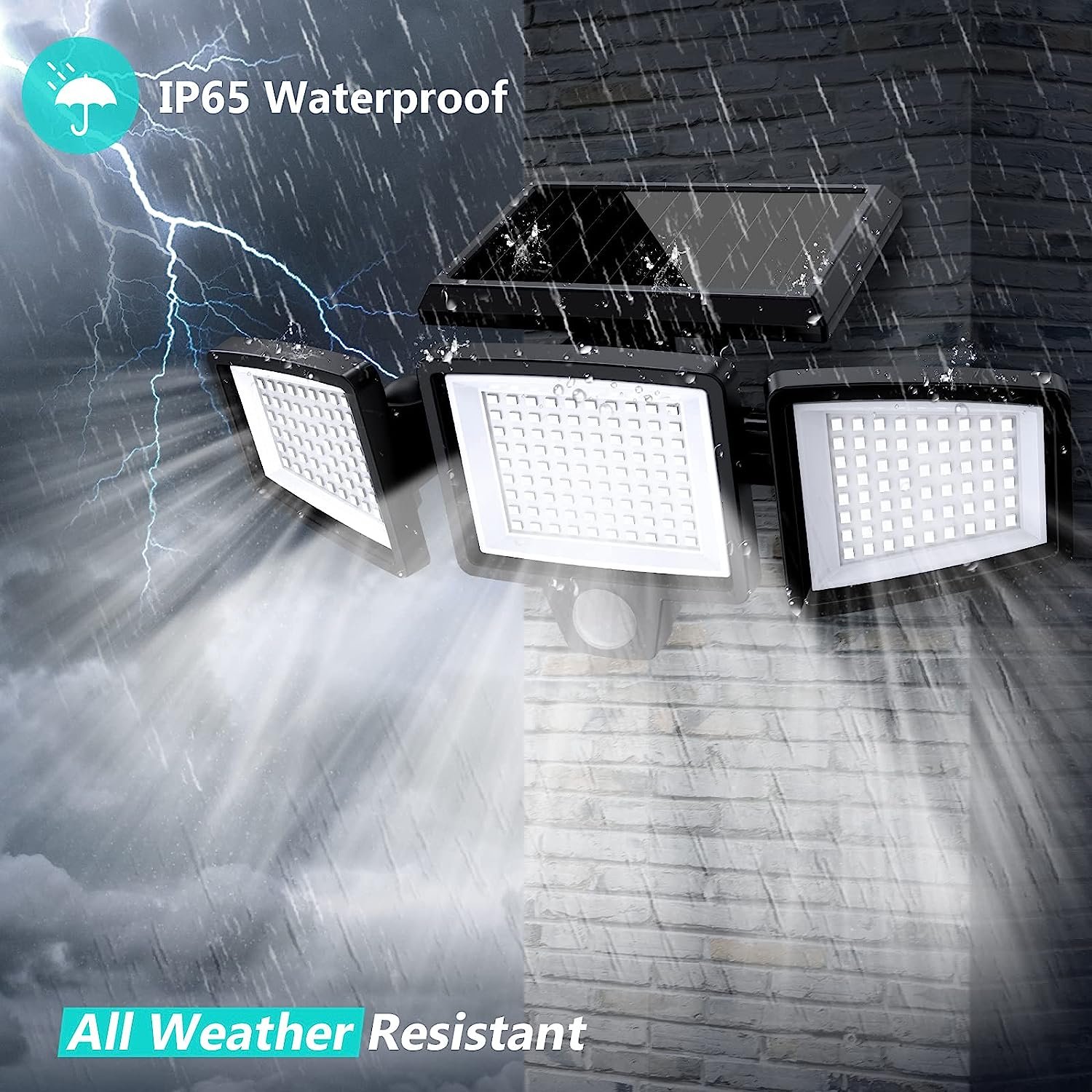 2024 Smart Solar Outdoor Lights 2500LM 210 LED Security Lights With Remote Control 3 Heads Motion Sensor Lights IP65 for Decor