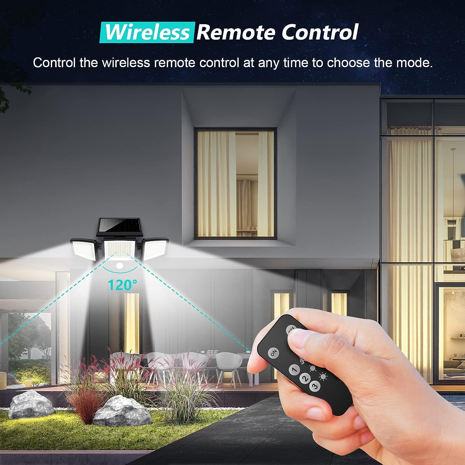 2024 Smart Solar Outdoor Lights 2500LM 210 LED Security Lights With Remote Control 3 Heads Motion Sensor Lights IP65 for Decor