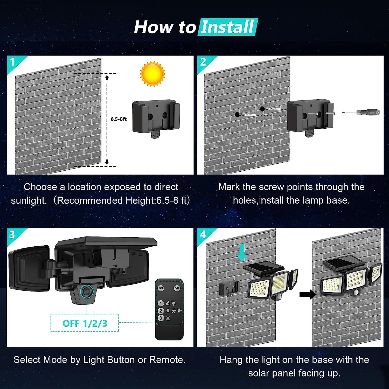 2024 Smart Solar Outdoor Lights 2500LM 210 LED Security Lights With Remote Control 3 Heads Motion Sensor Lights IP65 for Decor