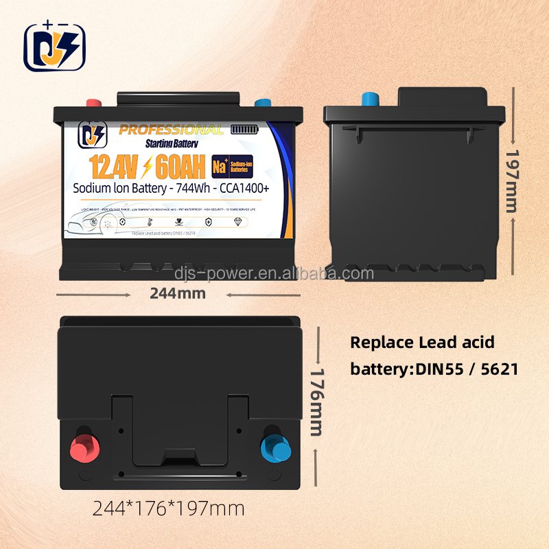Sodium 12.4v 60Ah 800CCA Cranking Battery NA+ Vehicle Boat Sodium Ion Starting Battery to Replace Lead-acid Battery DIN55/5621