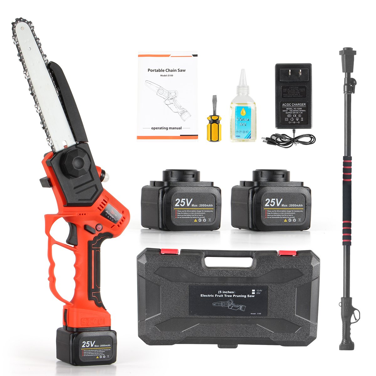 Portable 2-in-1 Electric Chain Pole Saw Handheld Mini Electric Chain Saw Auto Oil Safety Lock Battery for Wood Cutting Tree