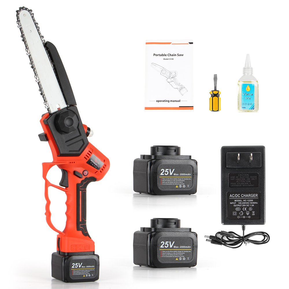 Portable 2-in-1 Electric Chain Pole Saw Handheld Mini Electric Chain Saw Auto Oil Safety Lock Battery for Wood Cutting Tree