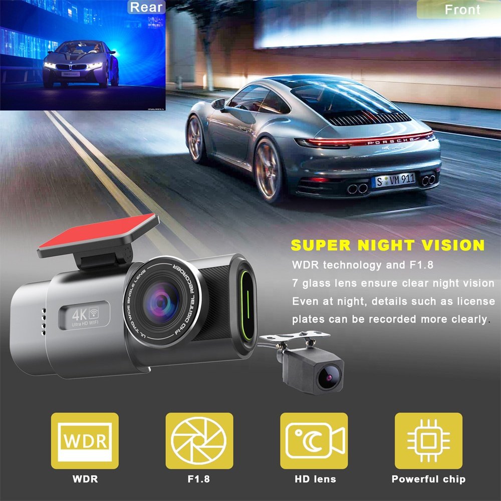 4K Rechargeable Battery Autosight Smart Screen Car Dvr 24hr Universal Wireless Voice Control Dashcams WiFi Gps Dual Lens Dashcam