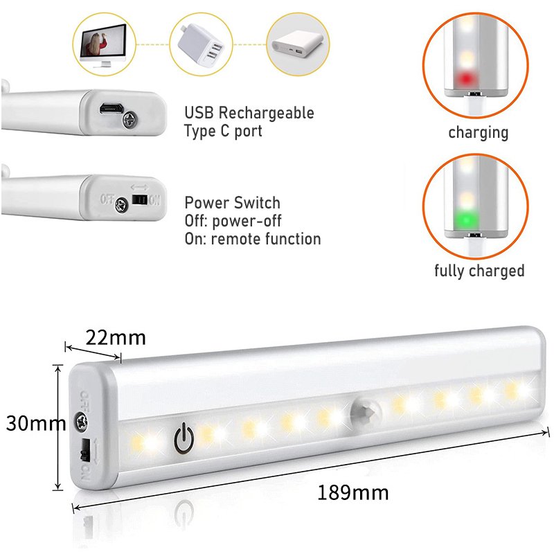 Remote Control Under Cabinet Lighting 3 Colors Stepless Dimmable Closet Lights Rechargeable Under Counter Touch Night Light