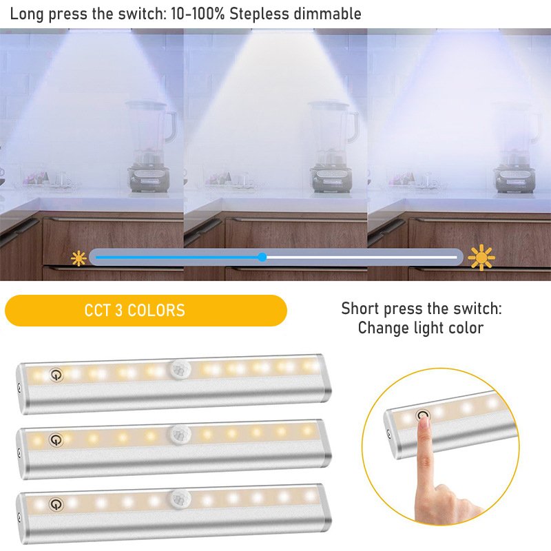 Remote Control Under Cabinet Lighting 3 Colors Stepless Dimmable Closet Lights Rechargeable Under Counter Touch Night Light