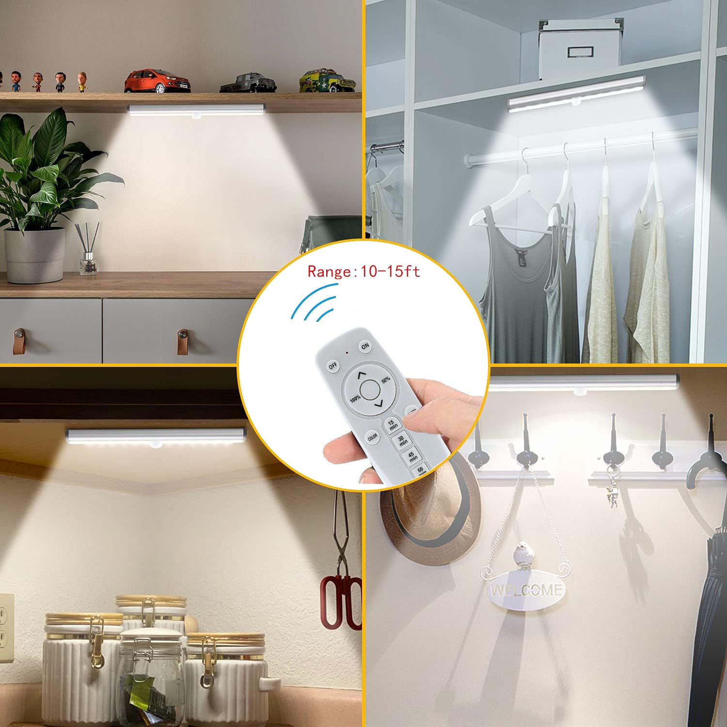 Remote Control Under Cabinet Lighting 3 Colors Stepless Dimmable Closet Lights Rechargeable Under Counter Touch Night Light