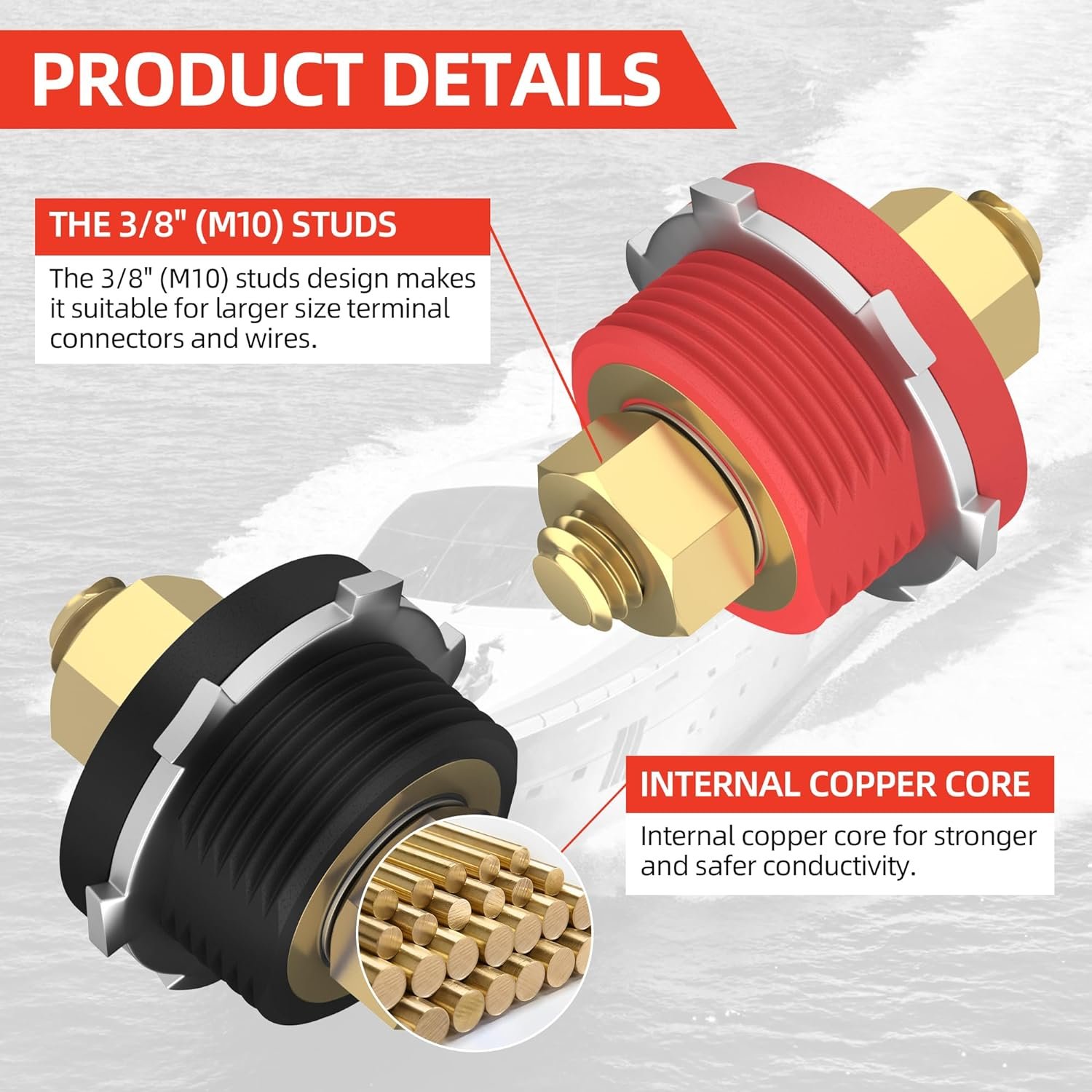 Thru Panel Dual Battery Connectors 3/8" Stud Screw Copper 250A Battery Charging Jump Post with Cover for Auto RV Truck Can-am