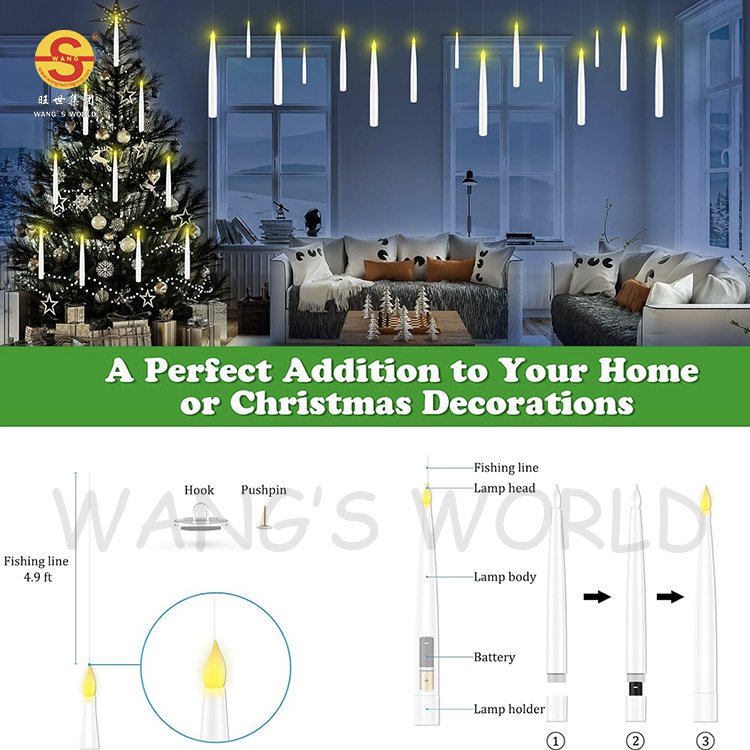 Set of 12 Floating Candles Hanging Battery Operated Ivory Flameless Magic Taper Wand Remote Control Candle Light With Remote