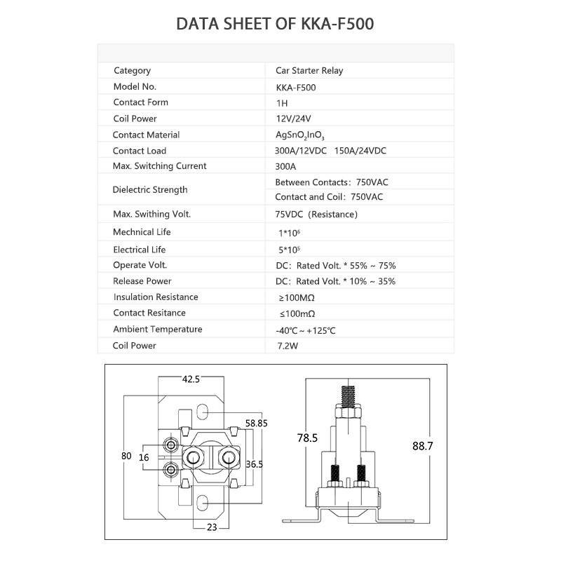 KKA-F500 500A 12V/24V Automotive Relay, High Current Car Starter Relay for Power Start and Preheating