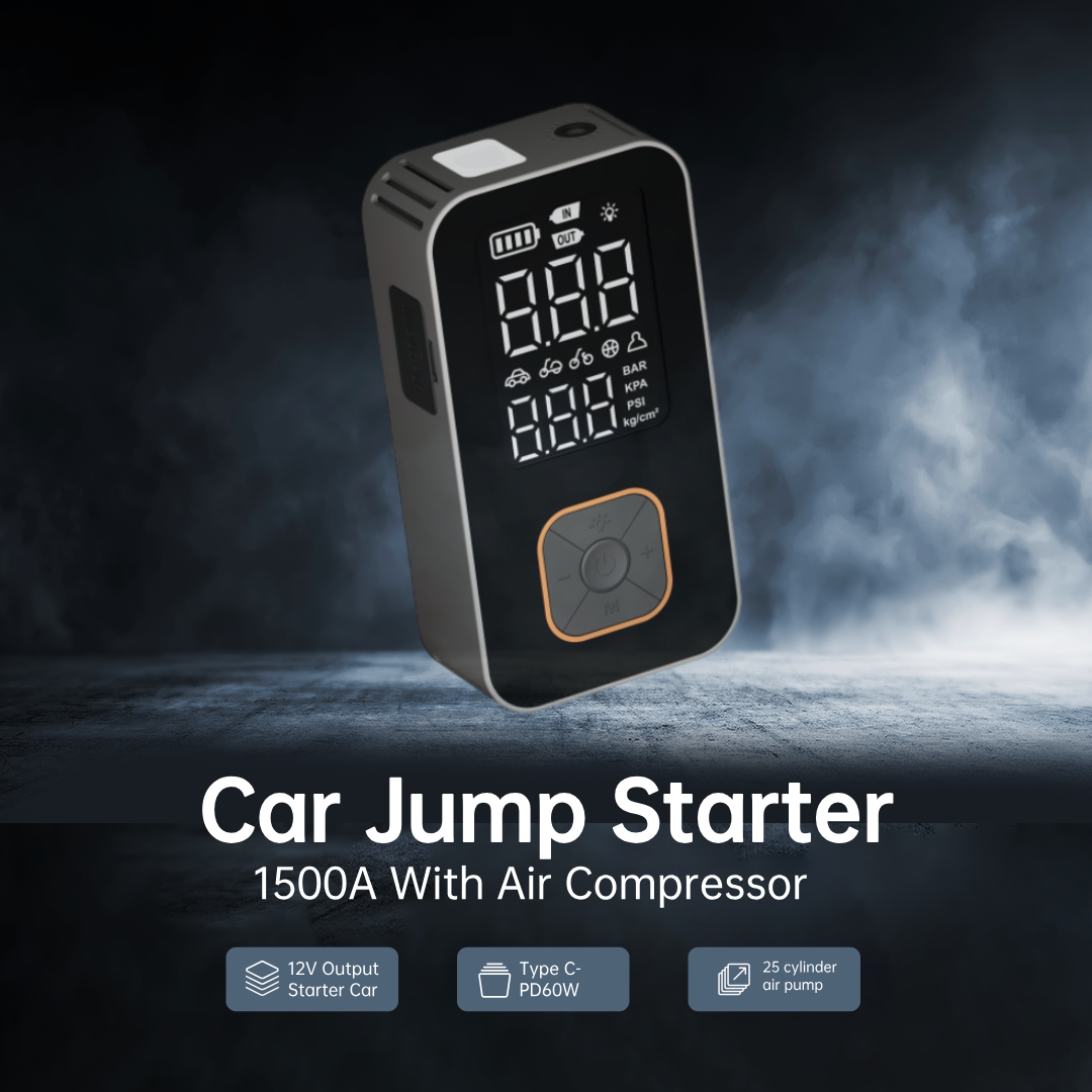 Emergency 4-in-1 Car Battery Jump Starter with Air Compressor PD60W 1500A Auto Battery Booster