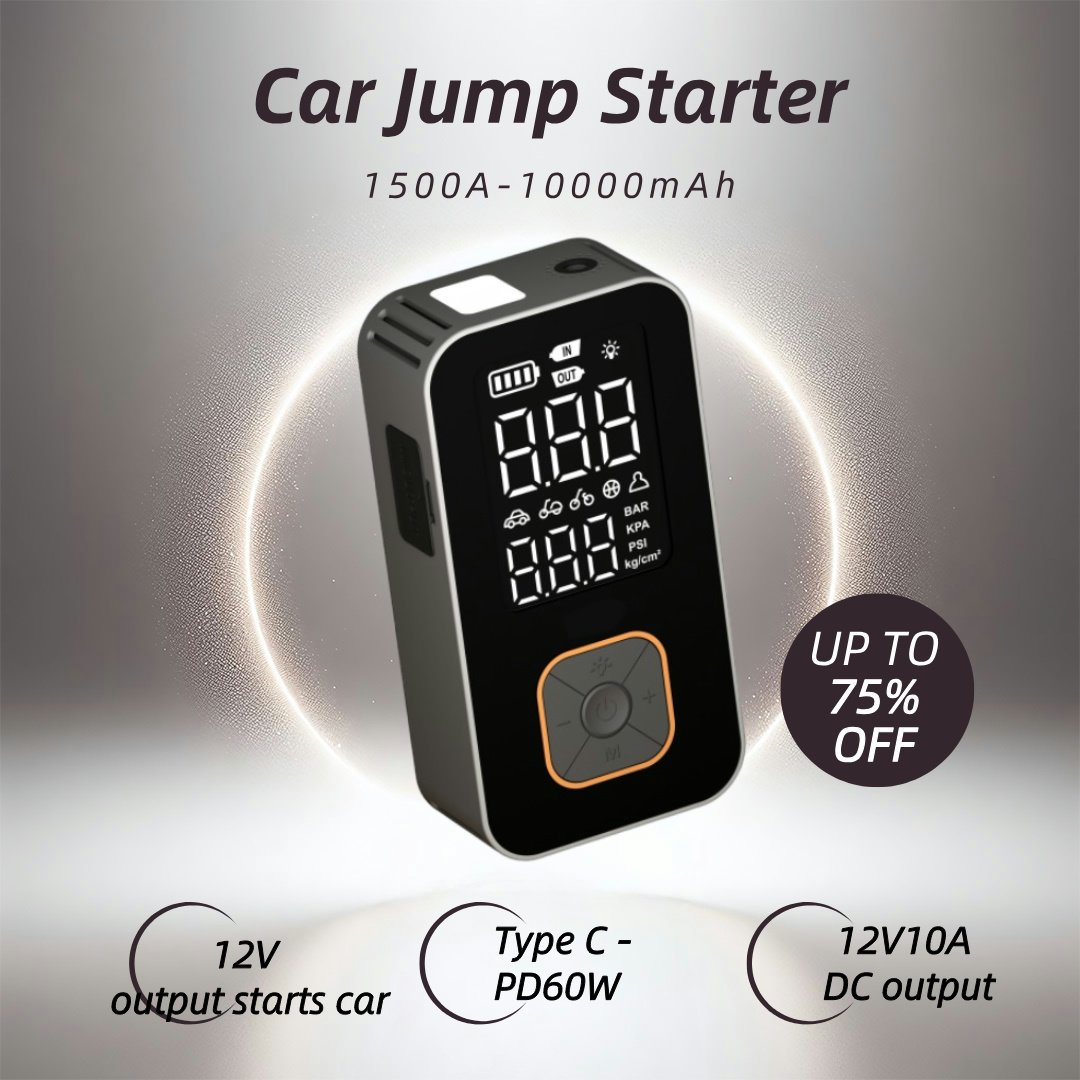 Emergency 4-in-1 Car Battery Jump Starter with Air Compressor PD60W 1500A Auto Battery Booster