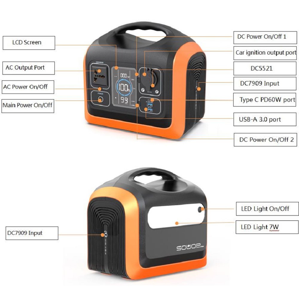 SOUOP 500watt 600W Car/Solar Rechargeable Emergency Alternating Current Portable Power Station for Mobile Phone