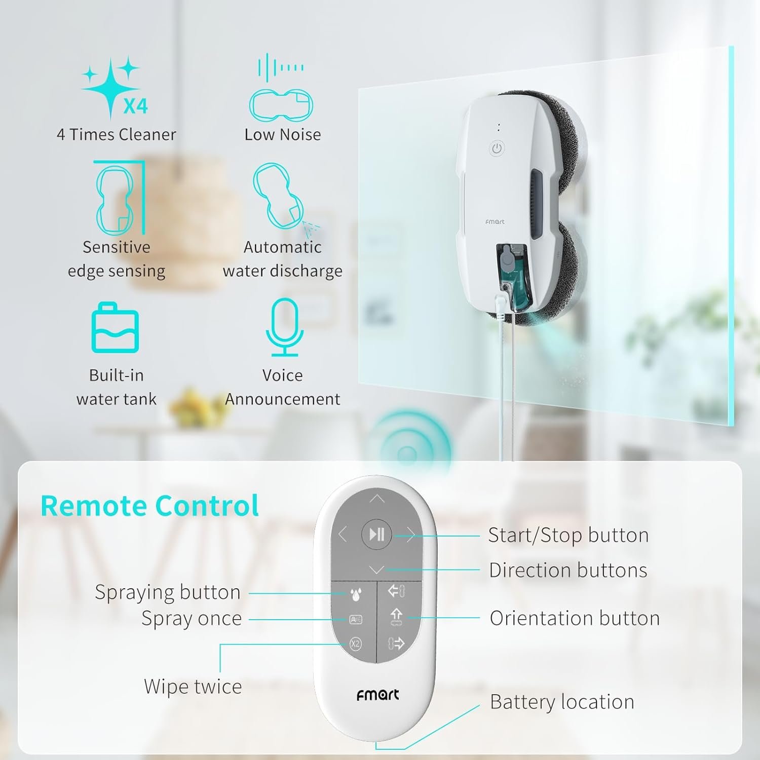 FMART T9 Intelligent Window Cleaning Robot Ultrasonic Atomized Water Spray Portable Window Cleaner Robot With Remote Control