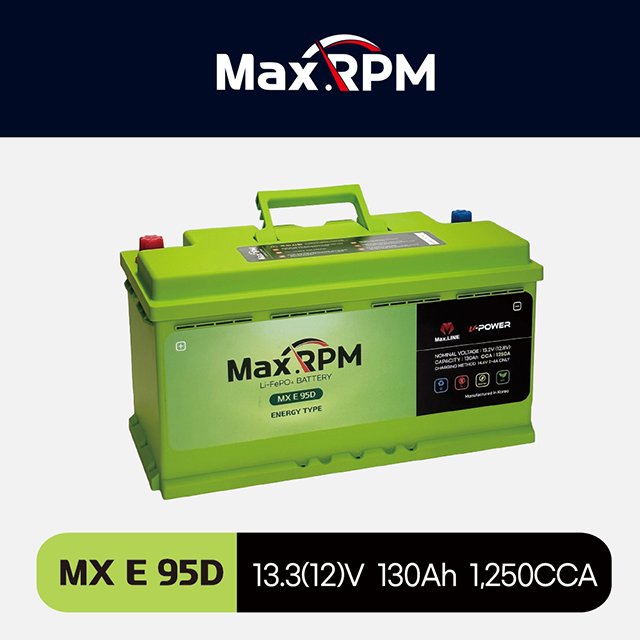 Korean Maxline Long Life Span Lithium Iron Phosphapate (LiFePO4) 12V Car Battery 130Ah Capacity 1,250CCA ENERGY MX E 95D