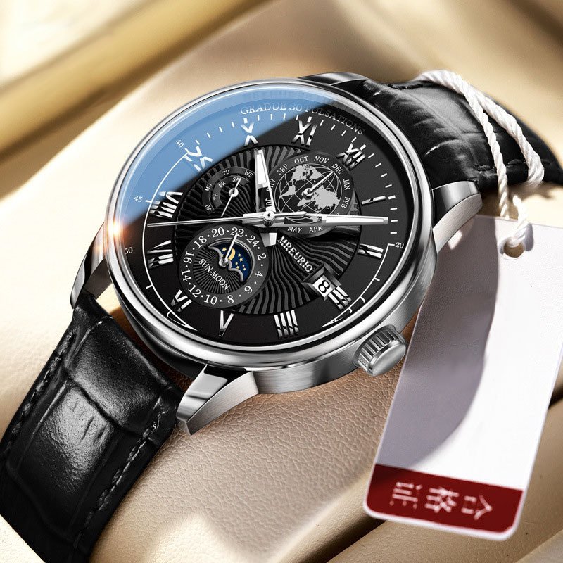 NJC New Fashion Men's Luxury Quartz Wristwatch with Leather Band Waterproof Luminous Sports Date Business Dial Window Glass Men