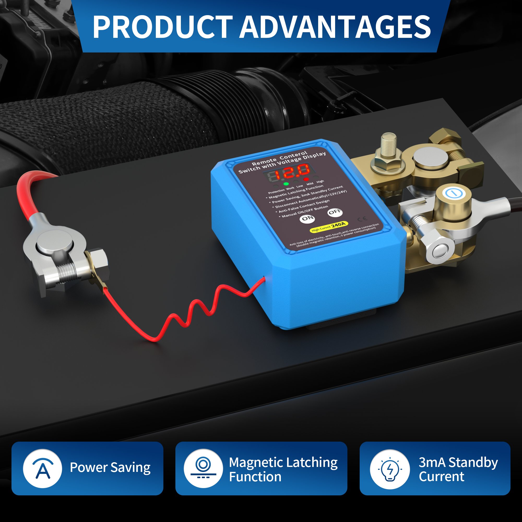 240A Remote Control Battery Disconnect Switch Magnetic Latching Auto Power-Off Remote Switch With Led Voltmeter Display for Car