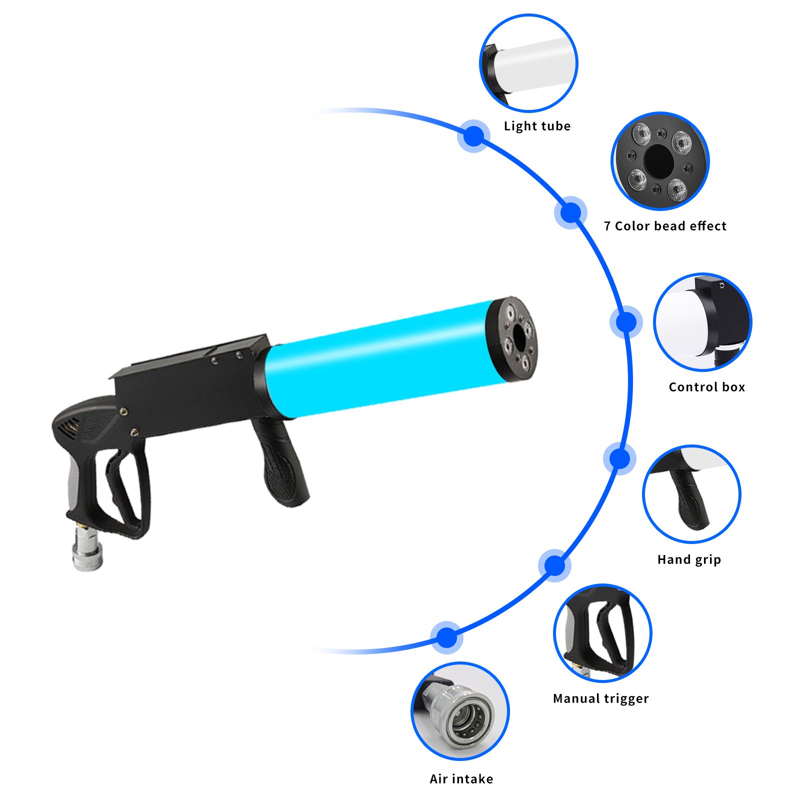 Patton Manual Control LED CO2 Gun 7 Color Auto Change Stage Effect for Wedding Disco DJ Nightclubs Includes Fog Confetti Machine