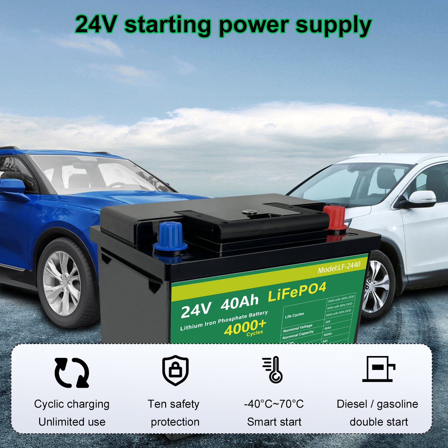 Low Temperature Start Truck EV Pack Lithium Ion Lifepo4 Battery Hybrid Car Battery Auto Battery 12V 24V 40AH