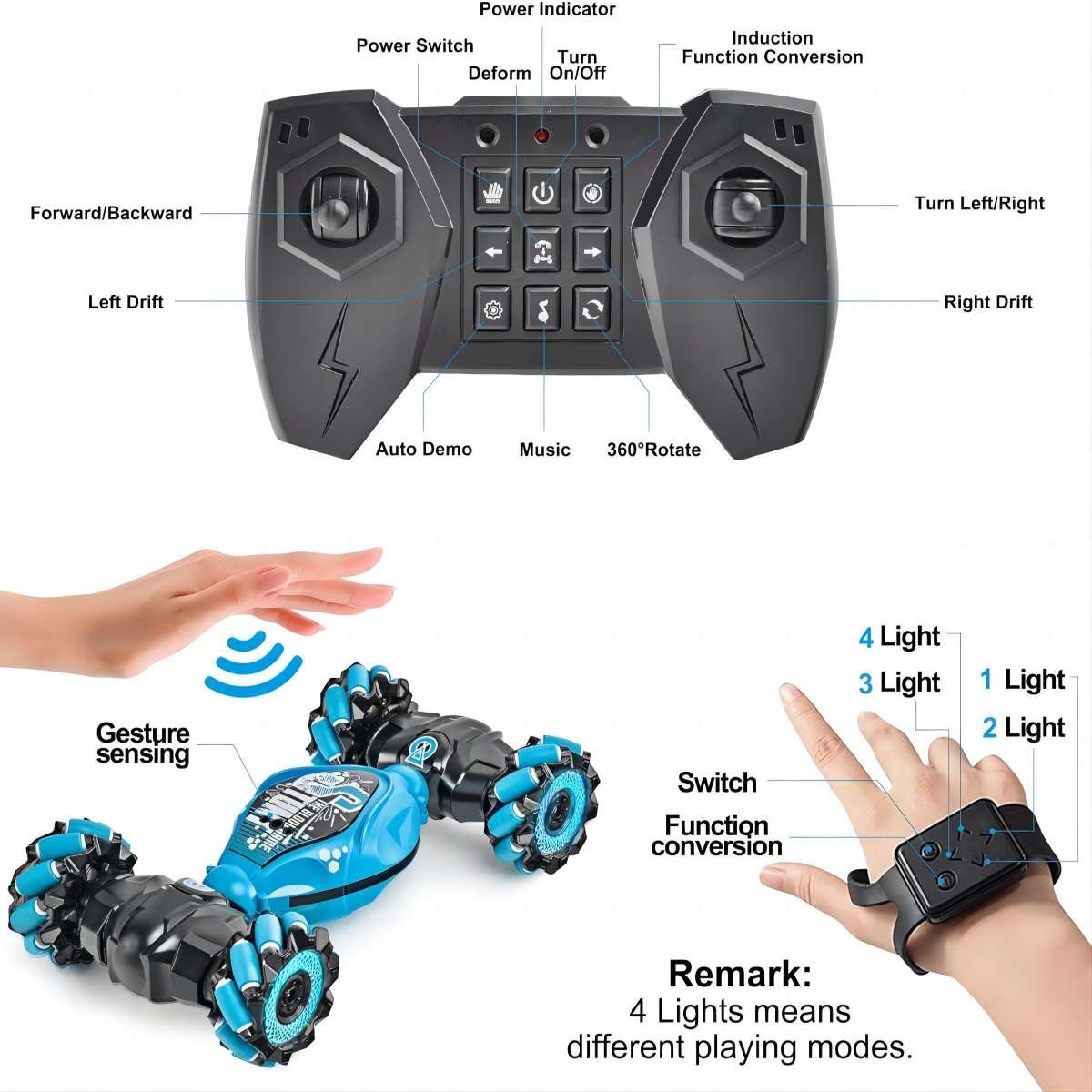 2.4Ghz Hand Controlled Remote Control RC Stunt Car 4 WD Transform Road Twister Cars Gesture Sensing RC Cars Kids Boys Girls Toy