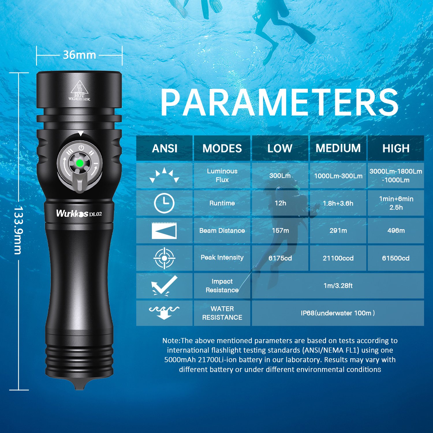 Wurkkos DL02 3000 Lumens 3 Modes IPX8 Waterproof Scuba Diving Flashlight 100M Underwater Light With Power Indicator