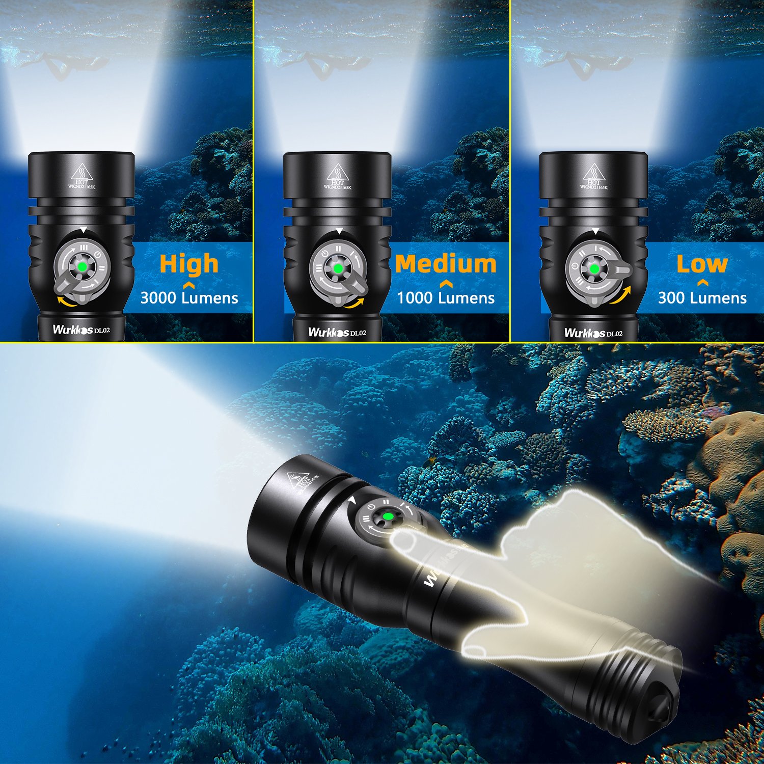 Wurkkos DL02 3000 Lumens 3 Modes IPX8 Waterproof Scuba Diving Flashlight 100M Underwater Light With Power Indicator