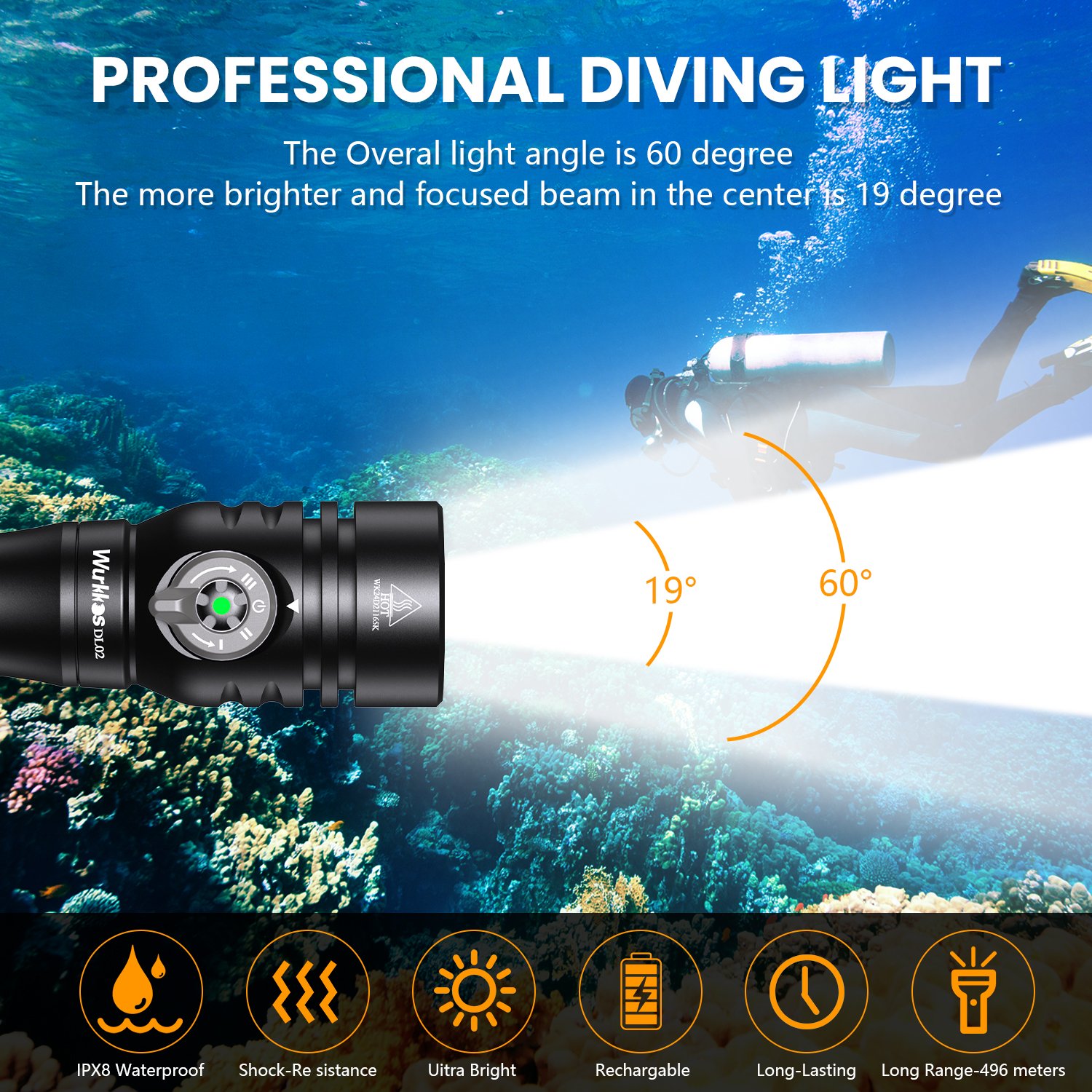 Wurkkos DL02 3000 Lumens 3 Modes IPX8 Waterproof Scuba Diving Flashlight 100M Underwater Light With Power Indicator