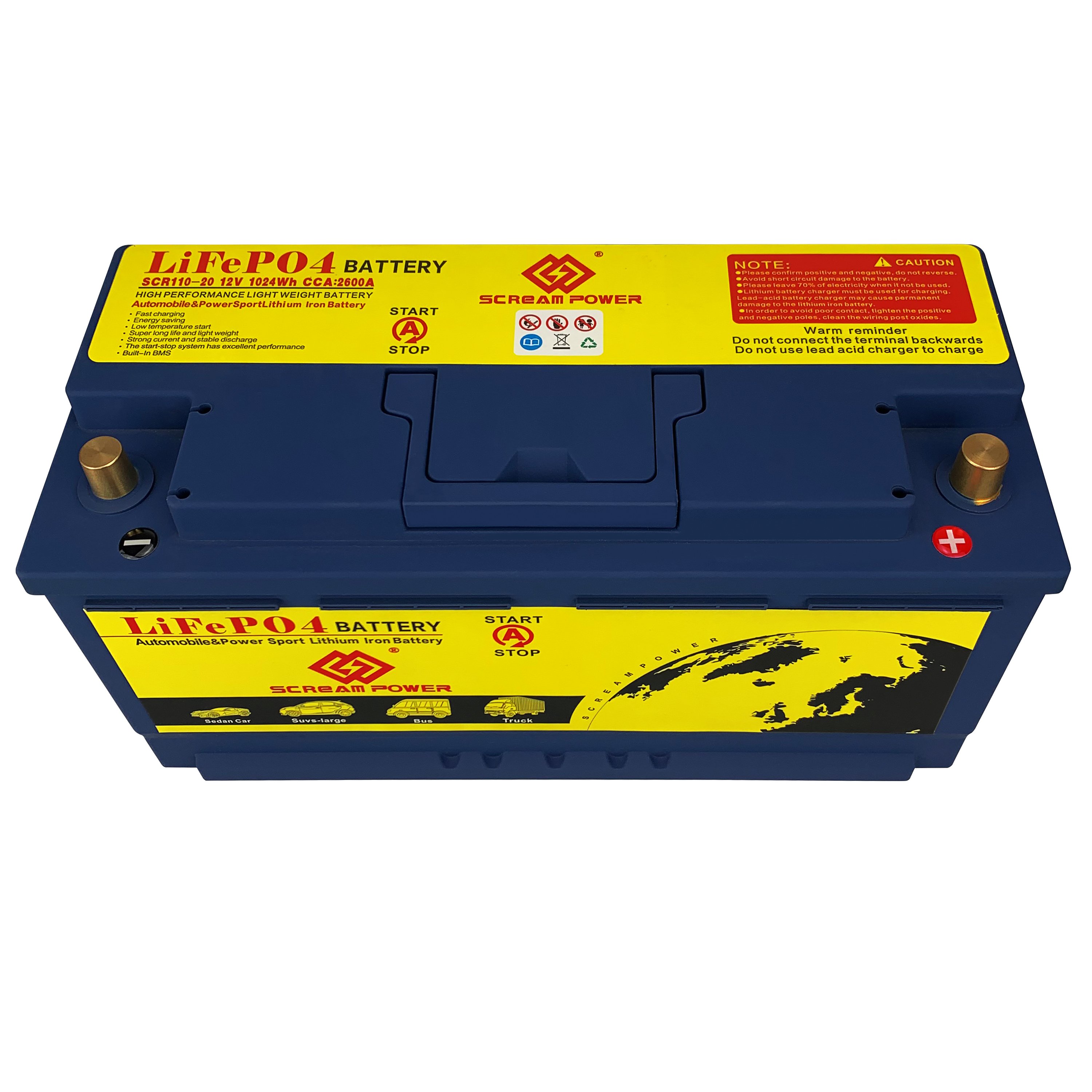 2024 Hot Sale SCREAM POWER 110-20 Car Auto Starter Battery With BMS 12V 110Ah Car LiFePO4 1600CCA Lithium Phosphate Ion Battery