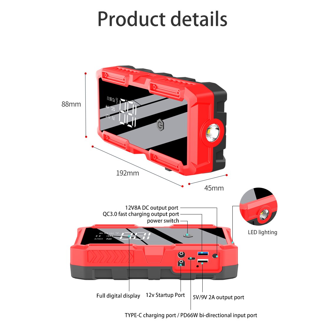 Multi-Function Car Jump Starter 66600mWh 3000A Peak Current Power Bank Jump Starter Portable High Power Auto Emergency Start