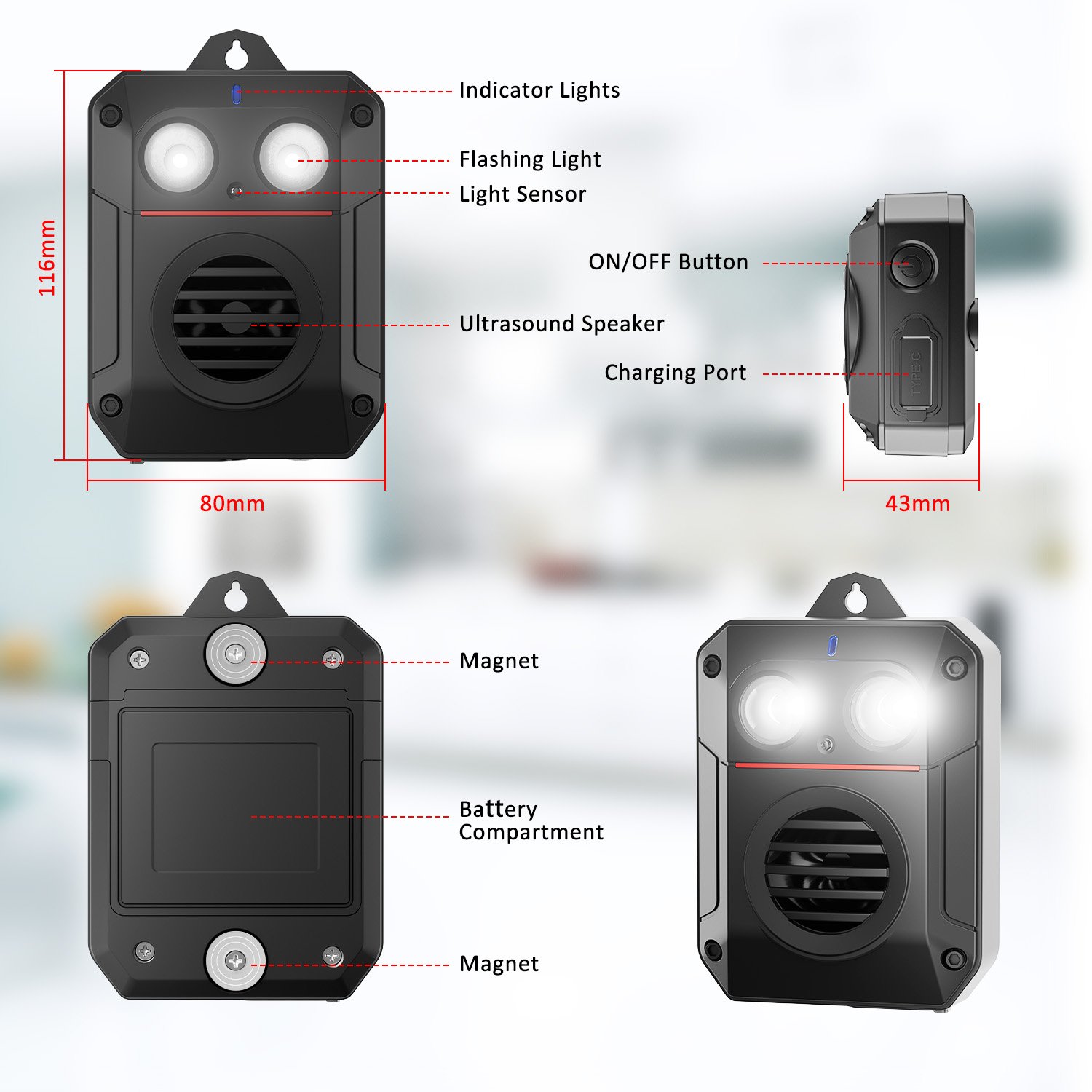 Indoor/Outdoor Ultrasonic Rat and Mouse Repeller Flame Light Scare Car Animal Repellant Effective on Birds