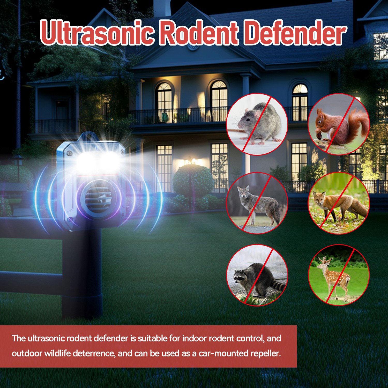 Indoor/Outdoor Ultrasonic Rat and Mouse Repeller Flame Light Scare Car Animal Repellant Effective on Birds