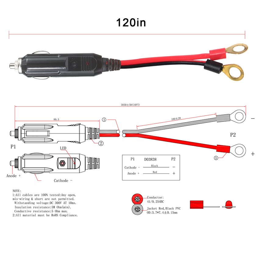 Car Male Cigarette Lighter Male Plug Adapter to Battery Ring Terminal Extension Cable With 10A Fuse
