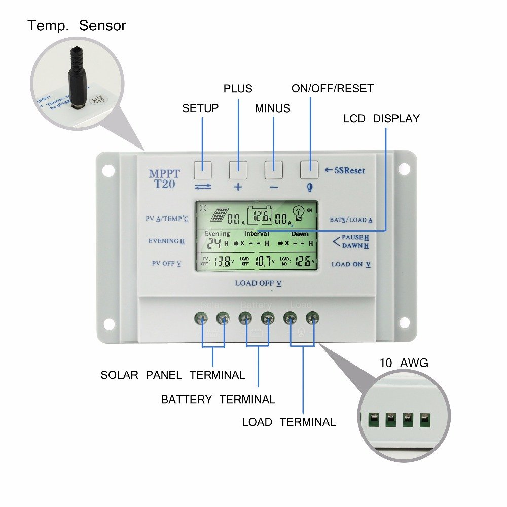 MPPT T20 20A 12V 24V Auto Solar Charge Controller with One Interface Instruction