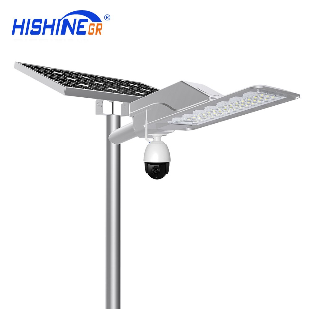 Hishine 100W Commercial Solar LED Post Top Street Light with 4G Wireless CCTV Camera Waterproof Outdoor IP65 Lighting Fixture