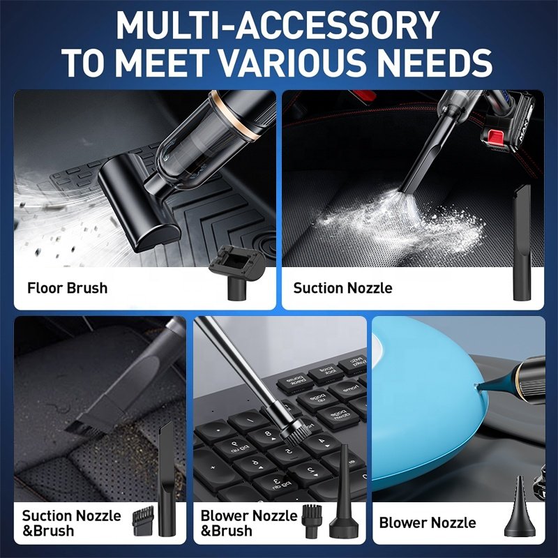 Portable Cordless Car Vacuum Cleaner 120W Strong Suction Handheld Brushless Motor Auto Vaccum Cleaner 5 Nozzles Plus Air Duster