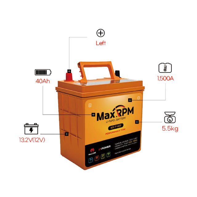 Korean Maxline Long Life Span Lithium Iron Phosphapate (LiFePO4) 12V Car Battery 40Ah Capacity 1,500CCA Performance MX P 40F