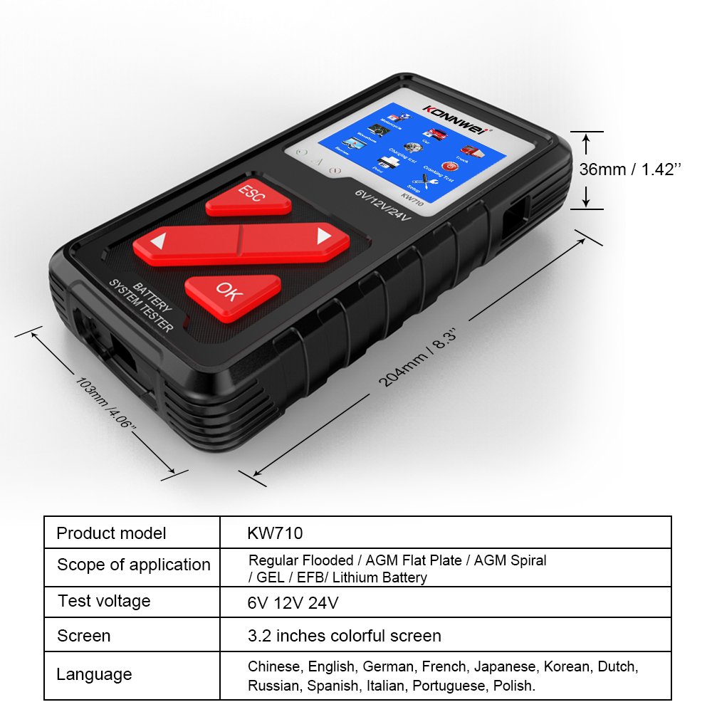 BT310 KW710 Car Battery Tester 12V 24V 100-2000 CCA Automotive Alternator Load Tester Digital Auto Battery Analyzer