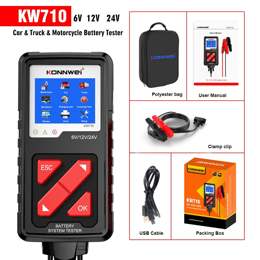 BT310 KW710 Car Battery Tester 12V 24V 100-2000 CCA Automotive Alternator Load Tester Digital Auto Battery Analyzer