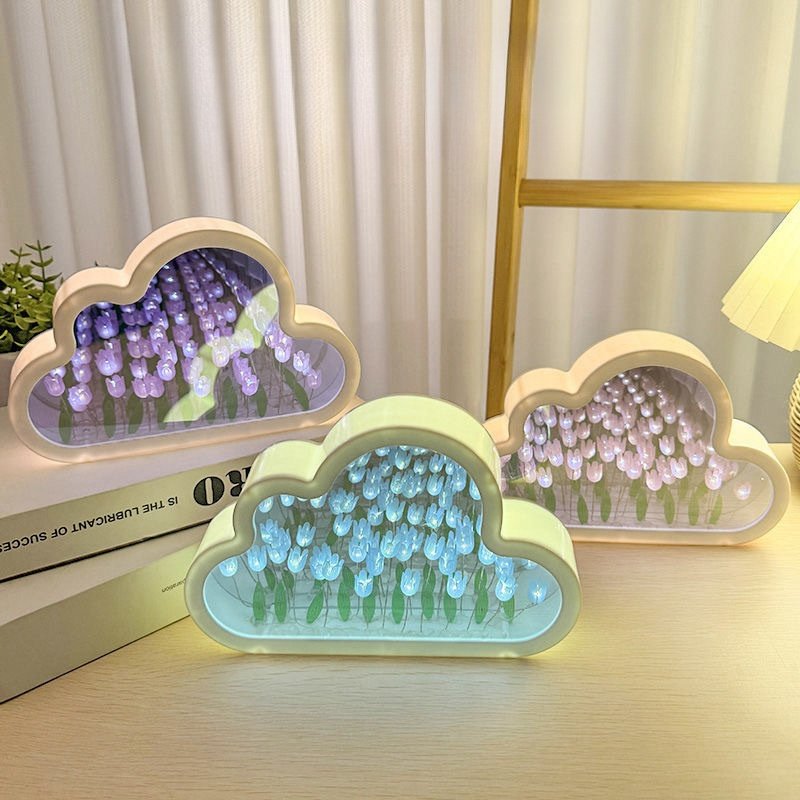 Acrylic DIY Tulip Cloud Table Lamp ABS Mini Bedside Night Lamp LED Warm Color Projector Battery Switch Rectangle Bed Mirror