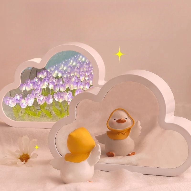 Acrylic DIY Tulip Cloud Table Lamp ABS Mini Bedside Night Lamp LED Warm Color Projector Battery Switch Rectangle Bed Mirror
