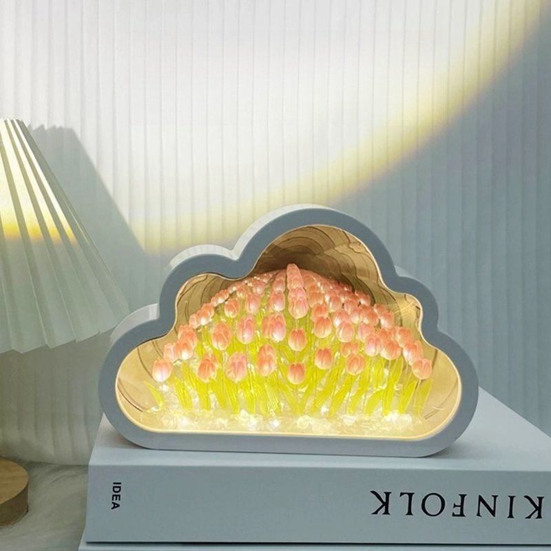 Acrylic DIY Tulip Cloud Table Lamp ABS Mini Bedside Night Lamp LED Warm Color Projector Battery Switch Rectangle Bed Mirror