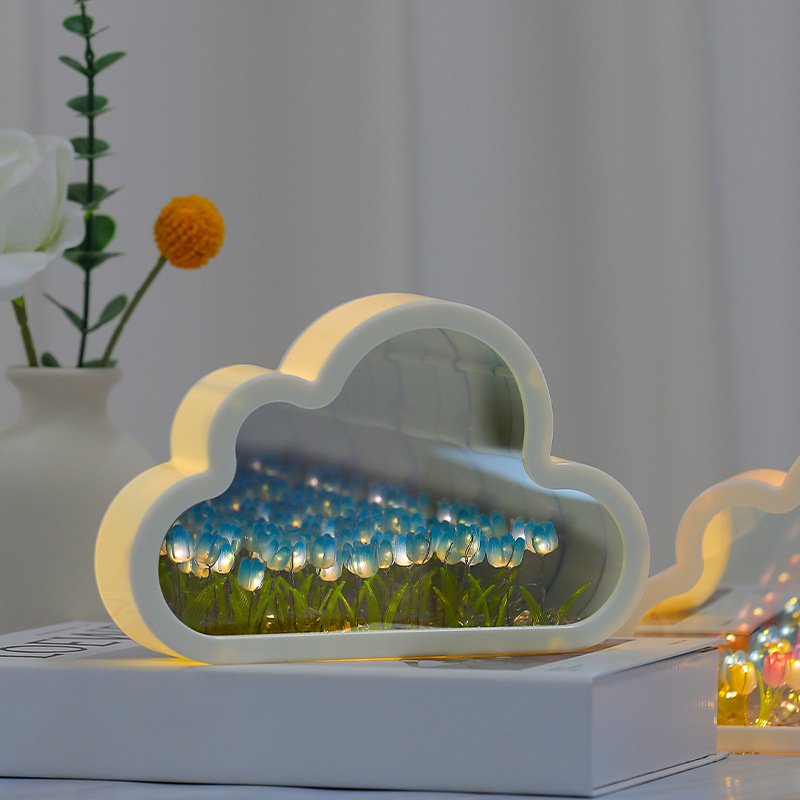 Acrylic DIY Tulip Cloud Table Lamp ABS Mini Bedside Night Lamp LED Warm Color Projector Battery Switch Rectangle Bed Mirror