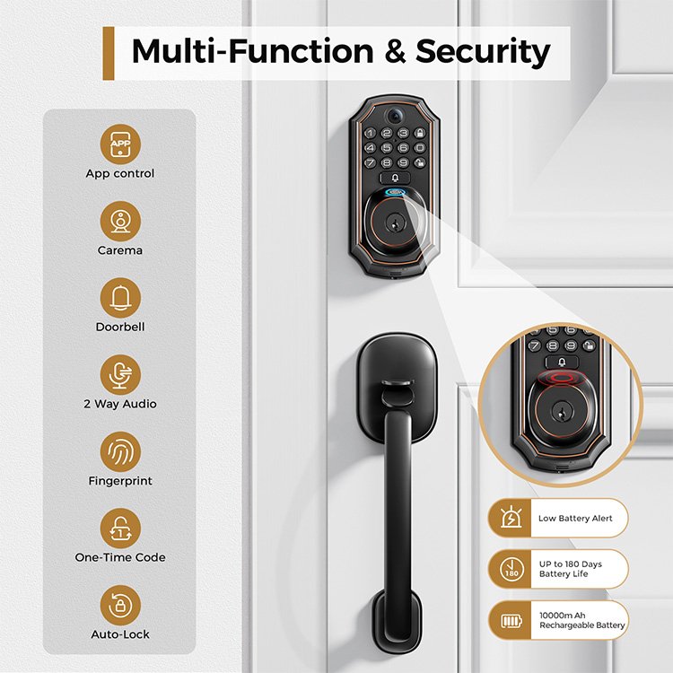 Arpha D289 Tuya Outdoor Waterproof Wireless Fingerprint Gate Lock Wifi Smart Home Door Lock With Camera and Handle