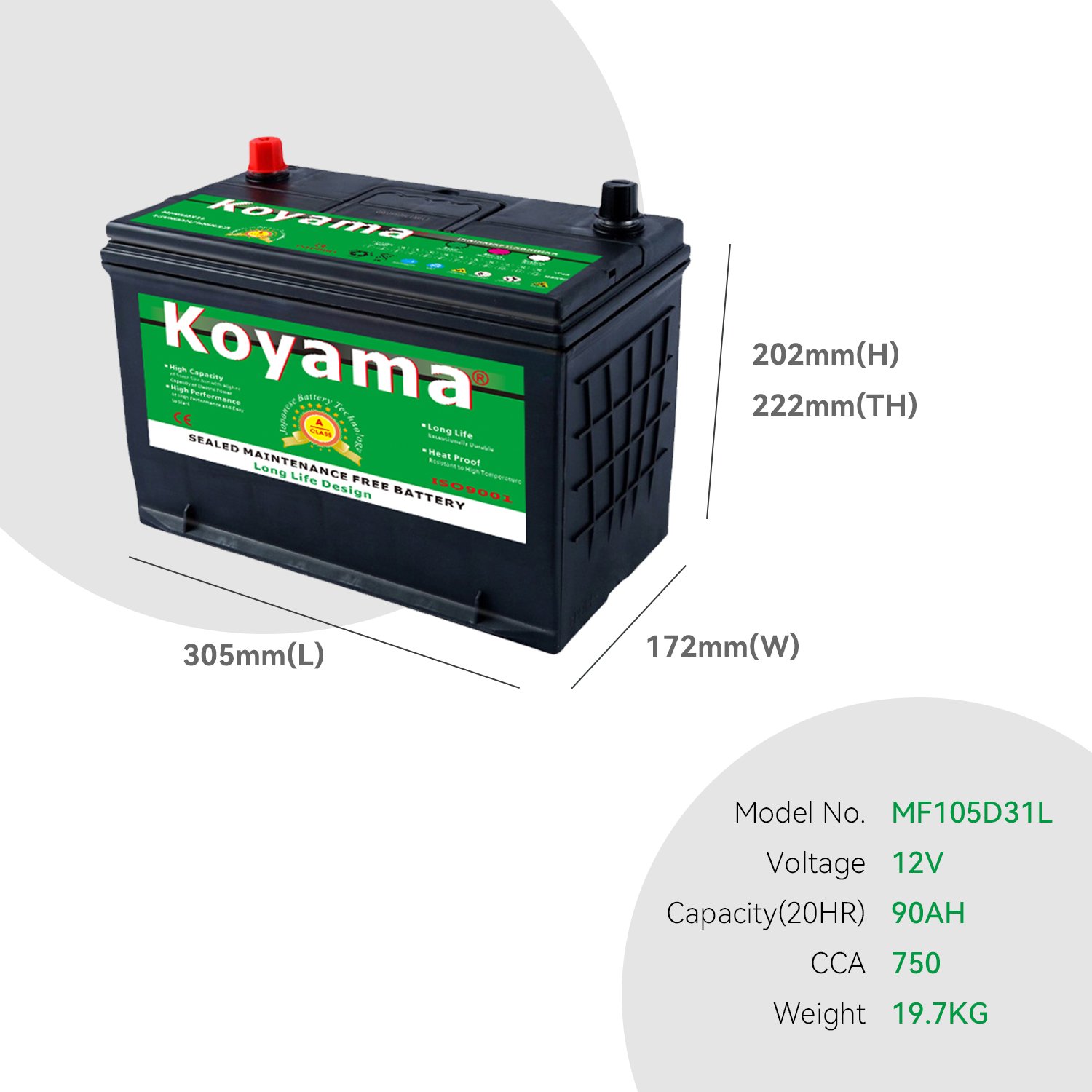 High Quality Sealed Maintenance Free Car Batteries (SMF Starting BATTERY) MF105D31L 12V90AH for Vehicles Starting