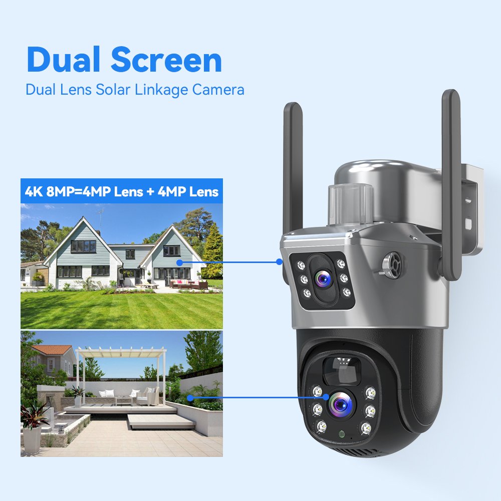 Solar Power Camera 360 Degree Dual Lens Mobile Phone Remote Outdoor Night Vision Panoramic Home Solar Battery Camera