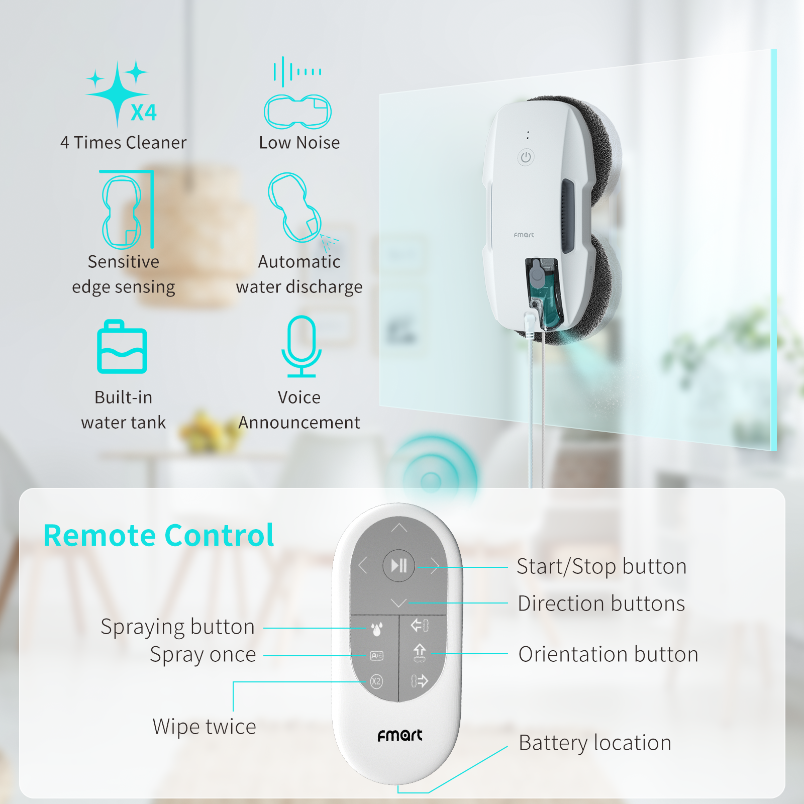OEM Window Cleaning Robot With Ultrasonic Water Spray 3800PA Suction Power AI Intelligent Path Planning Window Cleaner Robot